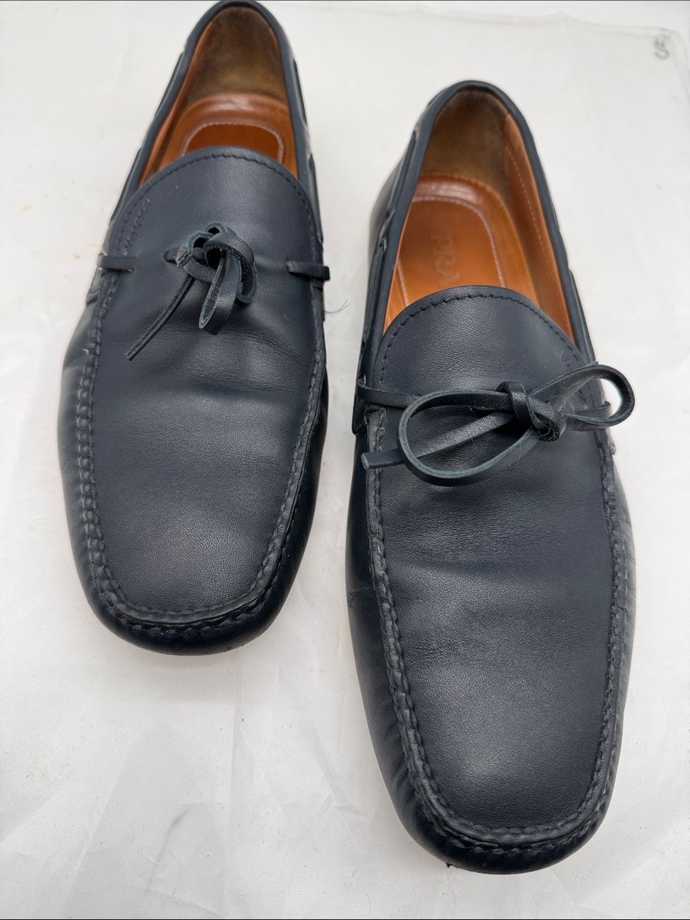 Prada Navy Blue Leather Moccasin Loafers with Bow